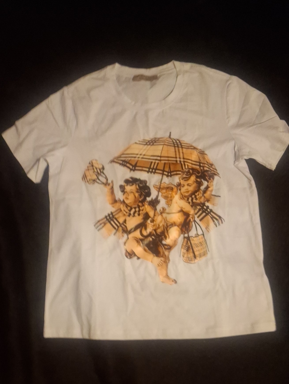 BURBERRY White Kids Graphic Tee with Tan Cherub Print